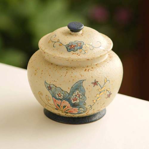 青花火石茶叶罐陶瓷描便25JS07-1携存罐纯手绘蝶恋花防潮密封金红