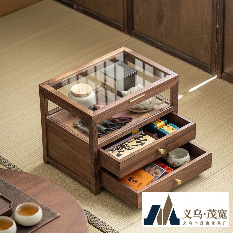 桌面茶壶收纳盒子黑胡桃木茶杯茶具架玻璃收纳柜实木整理展示柜子