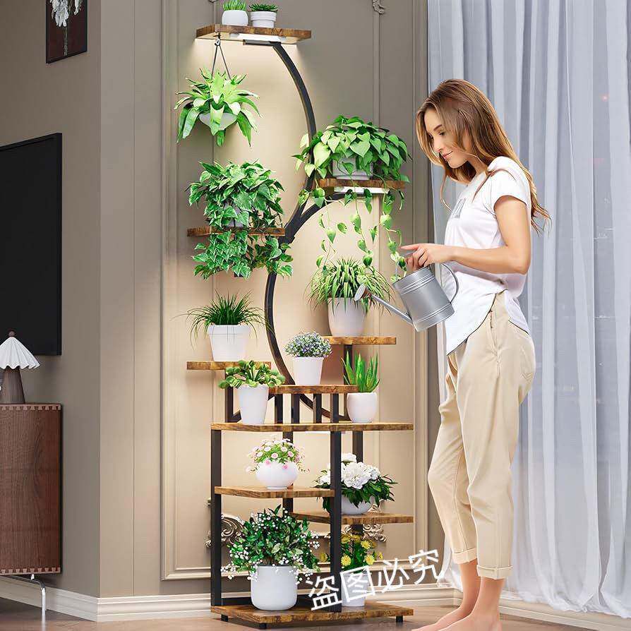 新品室内花架带灯角落植物支架铁木结合创意多层花盆支架子