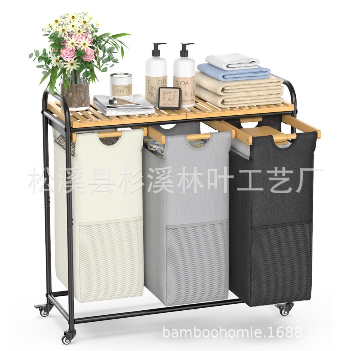 现货竹铁三抽脏衣篓脏衣服收纳筐洗衣篓脏衣篮收纳桶浴室客厅收纳