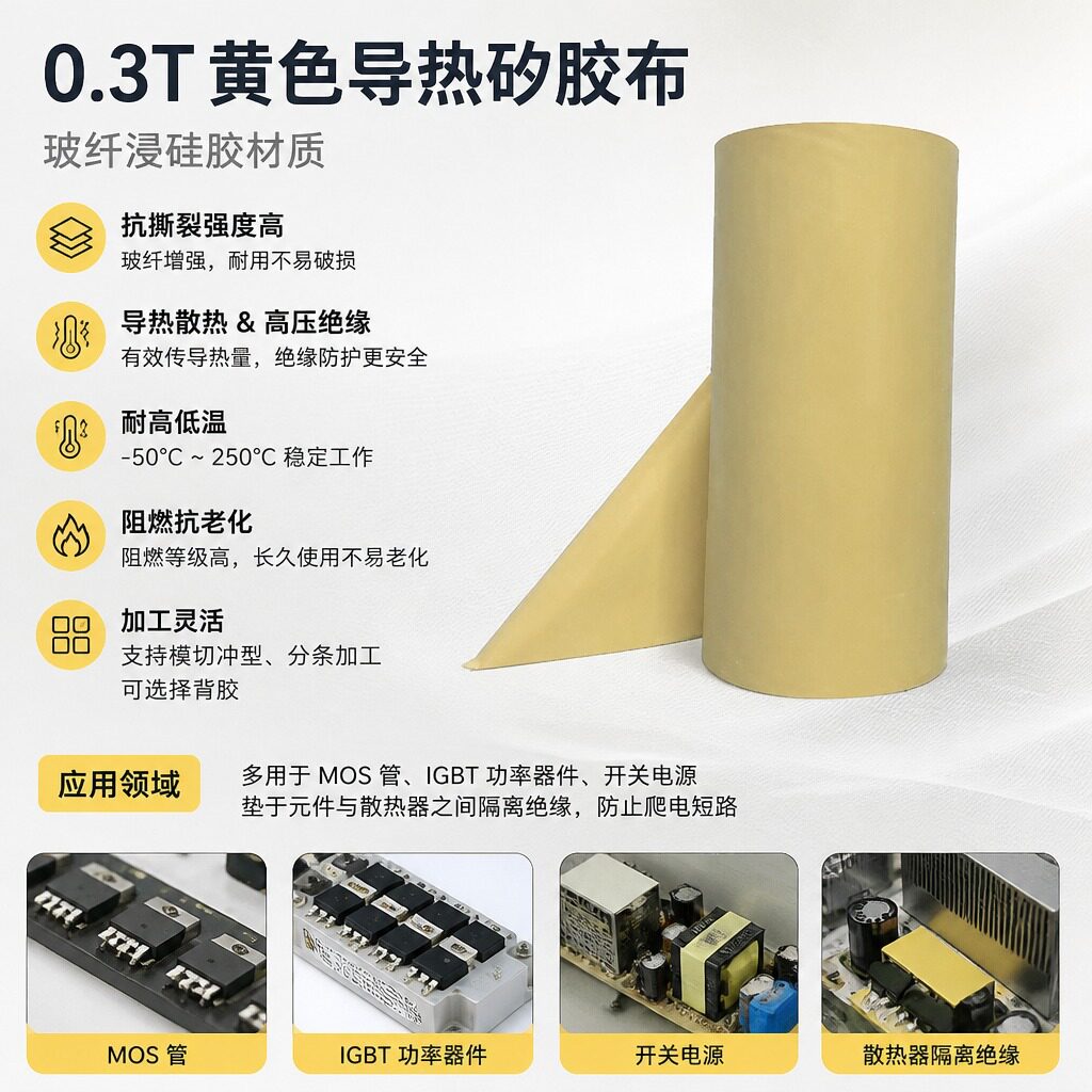 0.3T黄色导热矽胶布绝缘布耐高温矽胶布