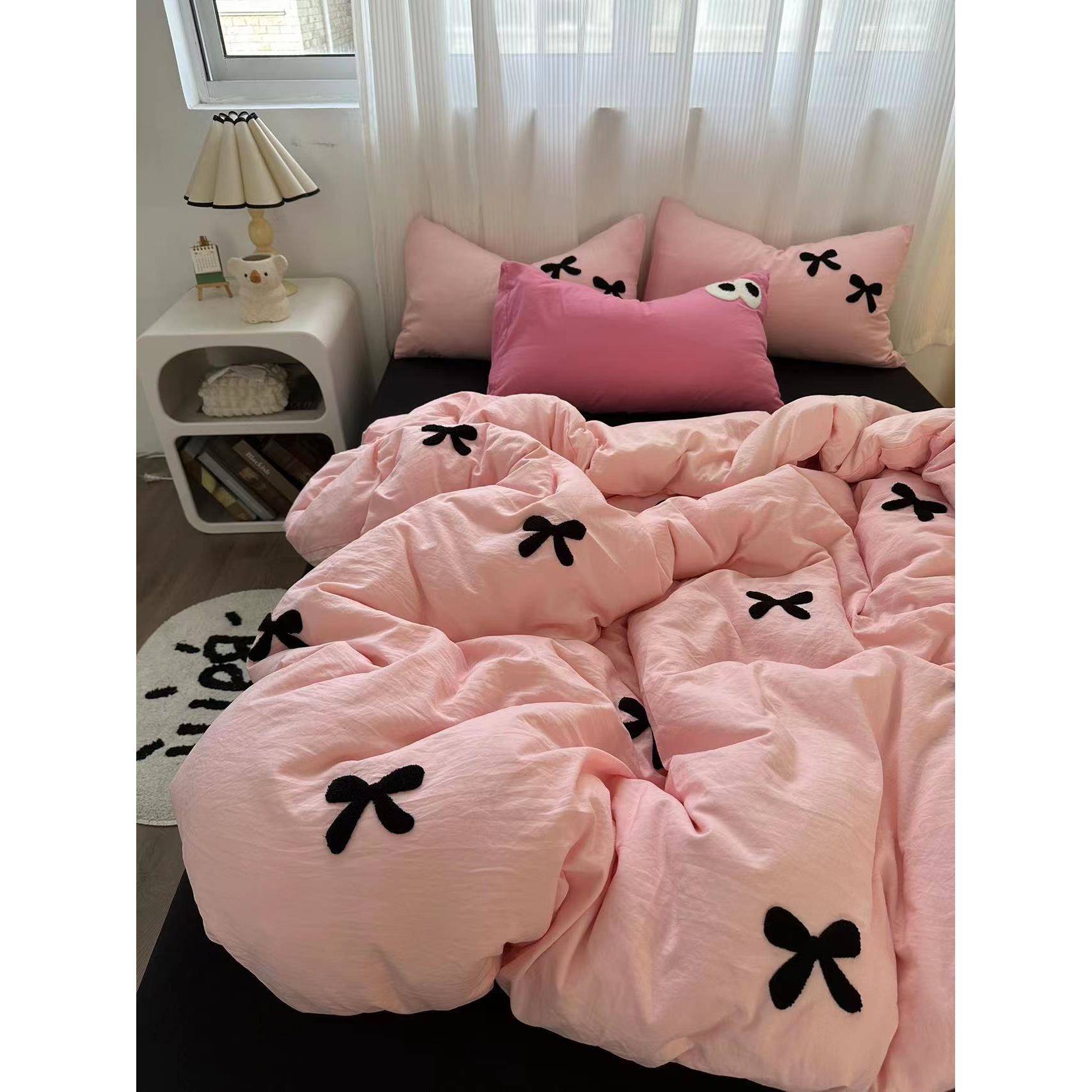柔软水洗棉毛巾绣少女心粉四件套被套床单双人宿舍三件套床上用品