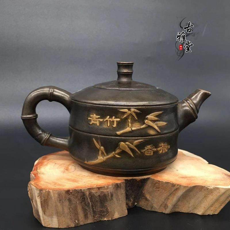 文玩古玩桌面茶具摆件纯铜节节高升复古纯铜茶壶实心厚重铜茶壶