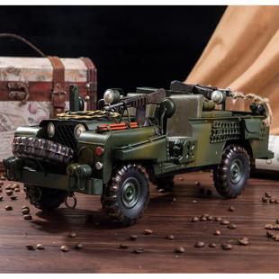 美式复古怀旧铁艺老爷车指挥车作战军车仿真铁皮模型道具摆件