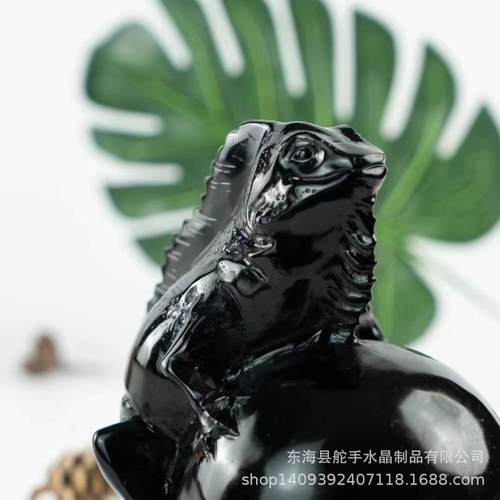 热销天然水晶黑曜石原石切割雕刻蜥蜴创意摆件家居消磁装饰
