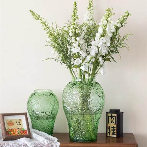 浮雕琉璃花瓶摆件 客厅插花水晶透明玻璃轻奢餐桌装饰品
