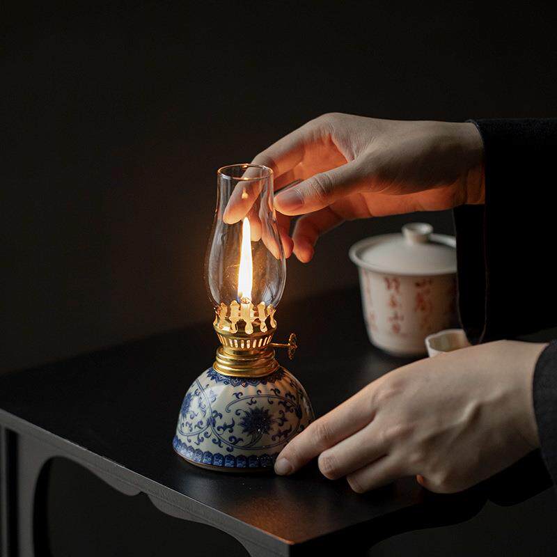 宜室茶话茶空间青花酥油灯烛台氛围灯中式茶室烛台摆件装饰茶配件