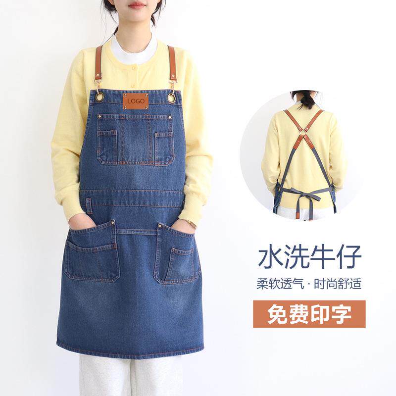 亚马逊新品围裙水洗牛仔多口袋休闲园艺日系咖啡女绘画工匠工作服