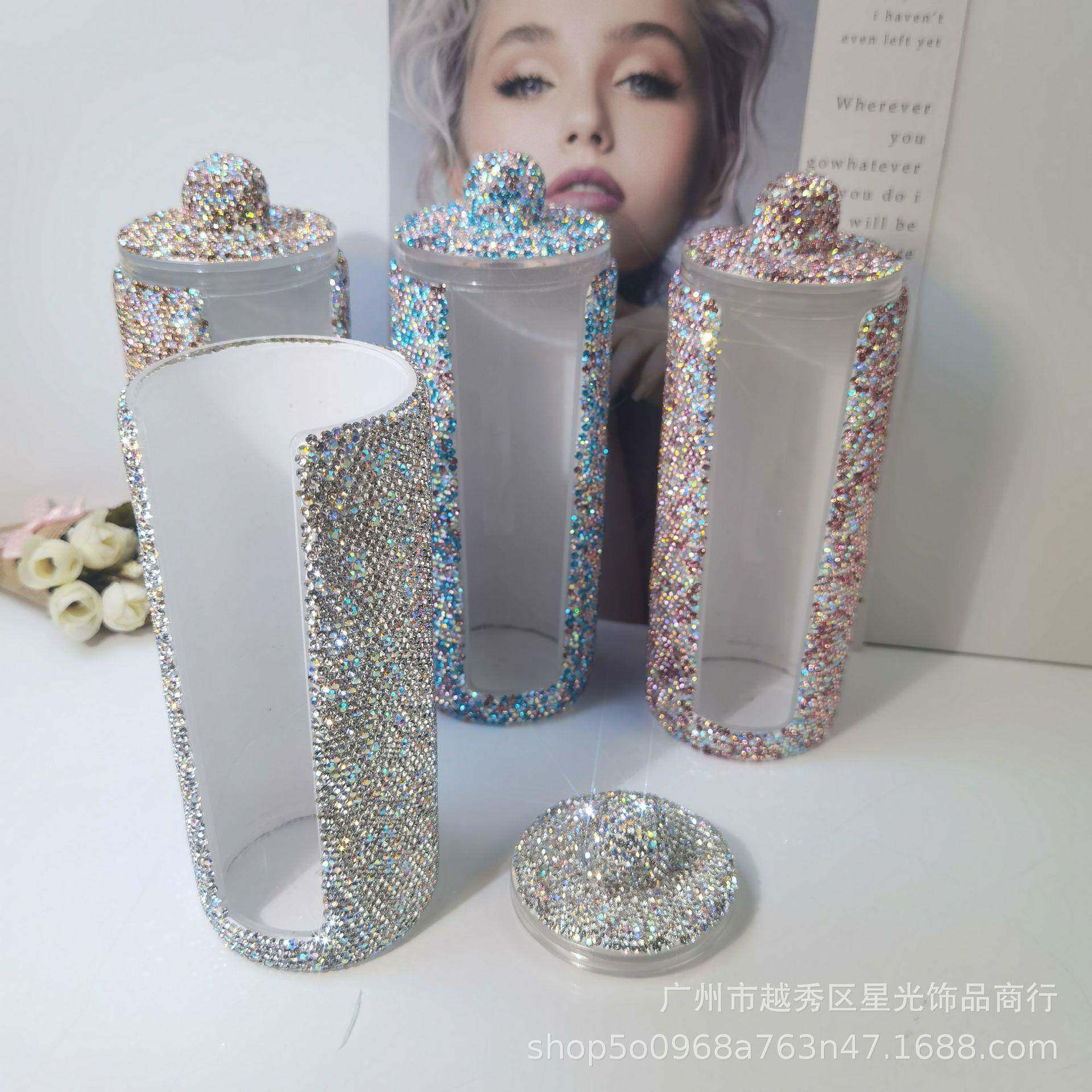 镶钻高级塑料大号化妆棉盒亚克力圆形开口棉签盒化妆工具收纳盒
