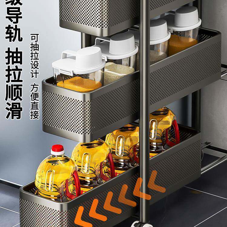 不锈钢极窄隙缝收纳柜厨房夹缝置物架冰箱侧面抽拉柜卫生间小新款