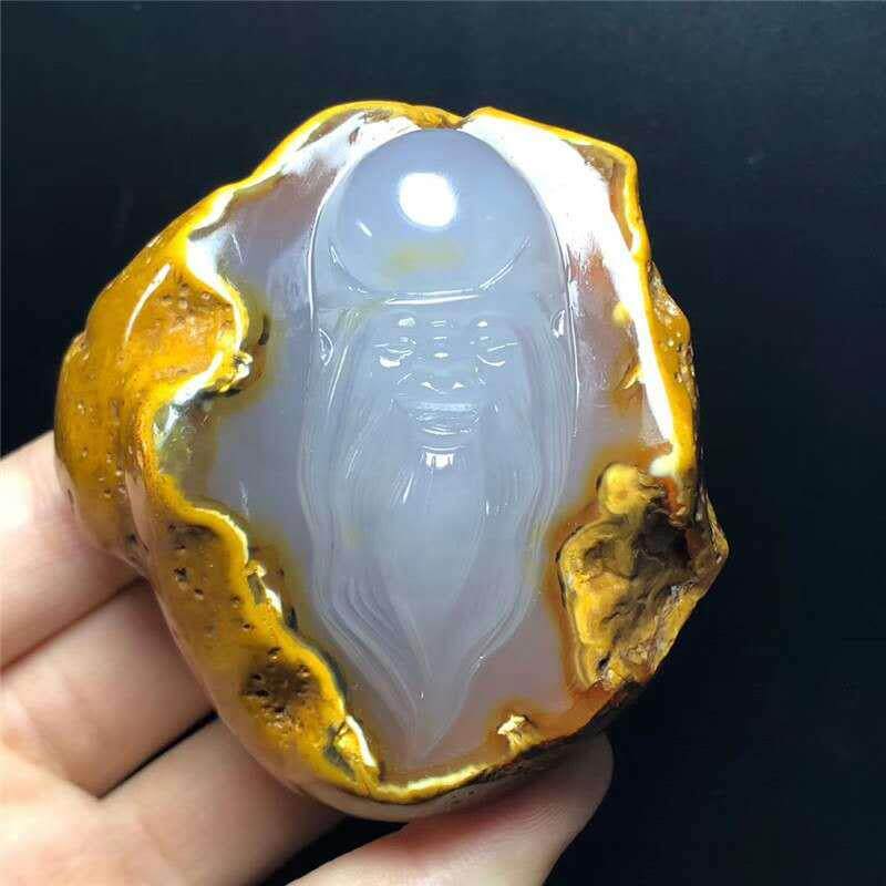 玛瑙玉髓原石老人手把件原石原皮雕刻佛头送家人