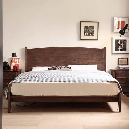 美式轻奢高档主卧大床高靠背大床双人床复古北美黑胡桃木全实木床