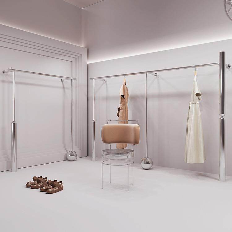 不锈钢拉丝挂衣服架子服装店展示架上墙式女装店专用陈列货架