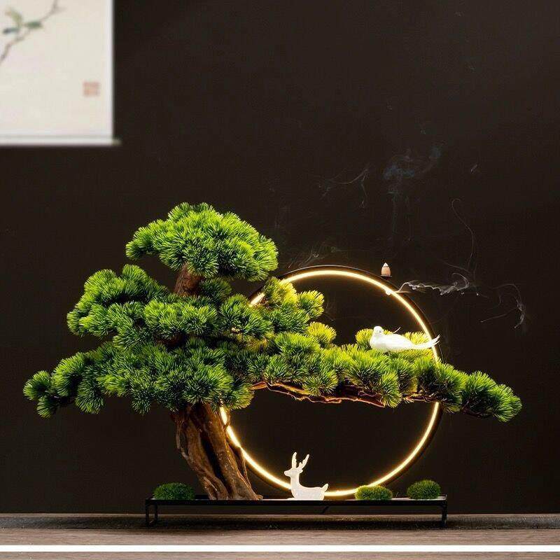 仿真迎客松盆景新中式罗汉松绿植假树办公室崖柏摆件装饰品