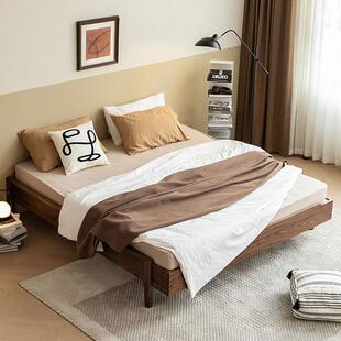北欧床架日式现代简约榫卯黑胡桃无床头靠背主卧双人全实木高脚床