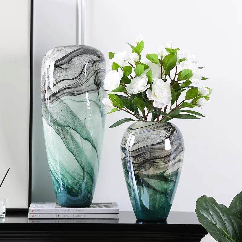 现代轻奢水墨画琉璃花瓶艺术摆件玄关餐桌装饰客厅插花花器样板间,纺织面料/辅料/配套,纺织机械配件,淘宝优惠券,粉丝福利购,淘宝优惠卷
