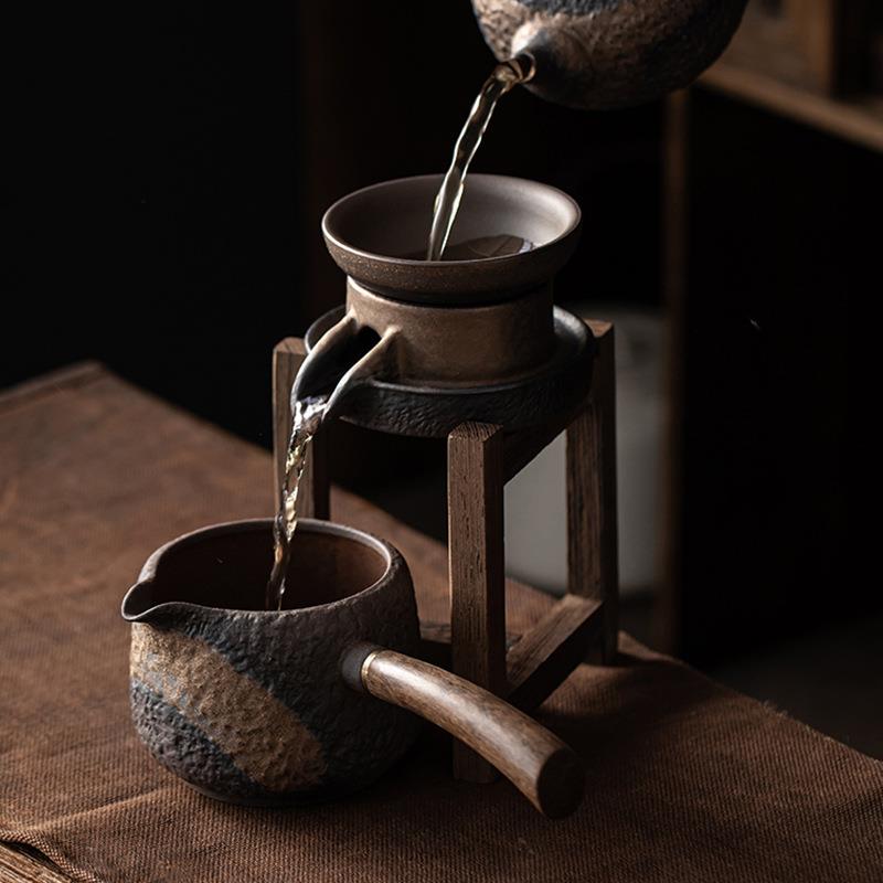 粗陶木架茶漏套装茶虑陶瓷过滤器木柄侧把公杯茶隔分茶器茶道配件