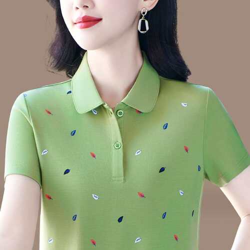 POLO衫短袖t恤女夏季2025新款纯棉刺绣洋气百搭休闲半袖大码T恤女