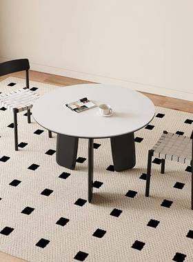 实木餐桌椅圆形现代简约家用设计师款法式复古纯白岩板圆桌极简