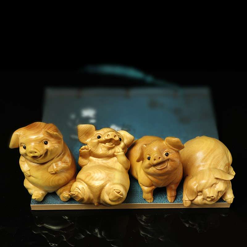 厂家 黄杨木雕家居客厅猪摆件文玩工艺品汽车饰品四喜猪