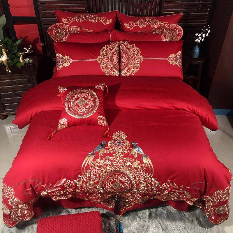 婚礼季80S提花喜庆喜鹊刺绣被套床单四件六件套十件2-19喜上添花