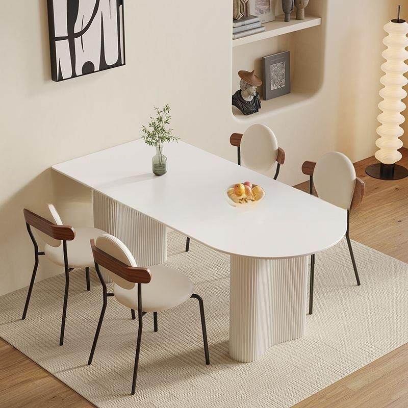 梵炫奶油风纯白岩板餐桌家用轻奢极简精致小户型半圆形餐桌椅组合