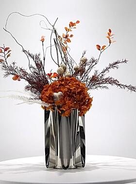 现代轻奢橙色干花不锈钢花瓶摆件样板房客厅餐桌茶几软装花艺摆设