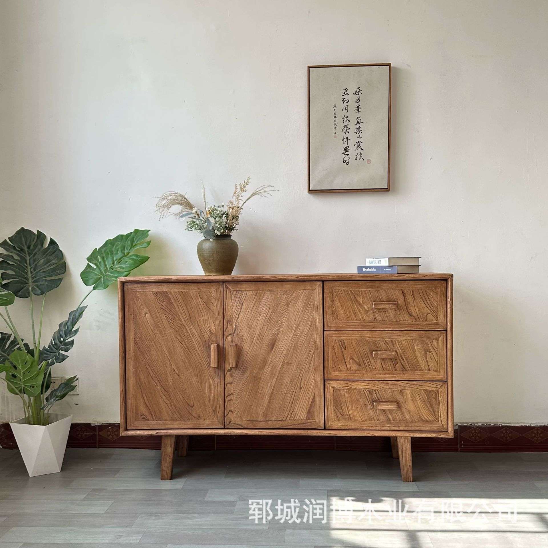 老榆木储物柜客厅餐边柜实木双开门斗柜新中式抽屉柜榆木收纳柜