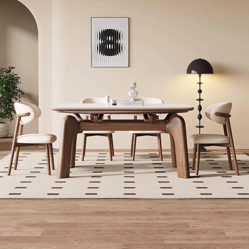 法式复古大象腿伸缩餐桌胡桃色实木小户型方桌可变圆桌家用岩板桌