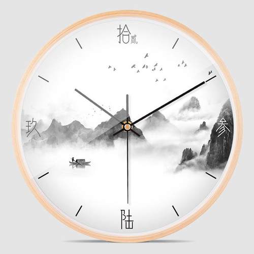 10寸12寸实木边框挂钟客厅卧室静音时钟桦木新中式中国水墨画钟表