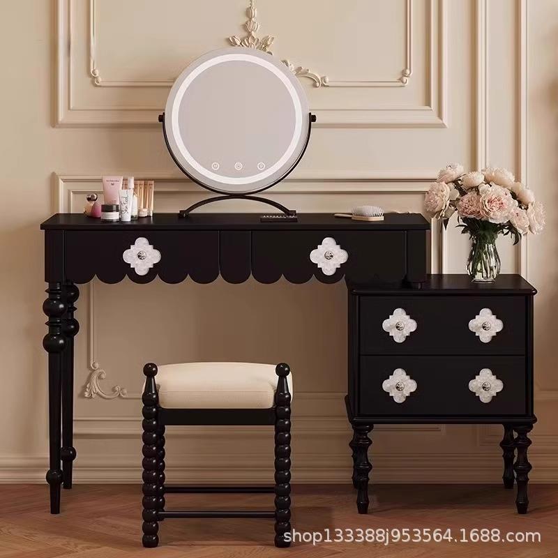 法式复古黑色梳妆台斗柜一体卧室小户型简约现代伸缩贝壳化妆桌子