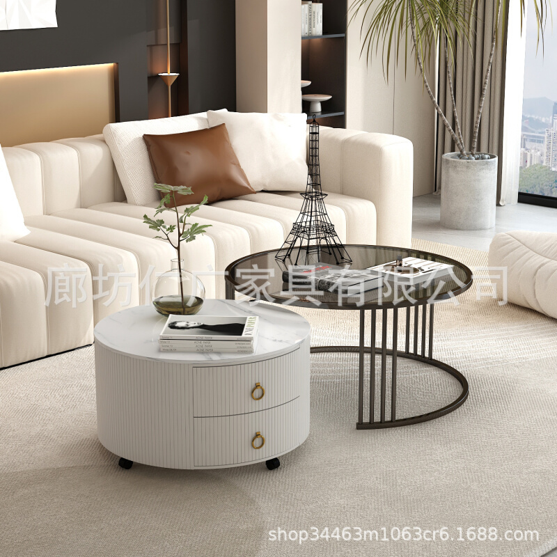 岩板茶几客厅家用高级感圆形钢化玻璃轻奢茶几储物套装简约小户型