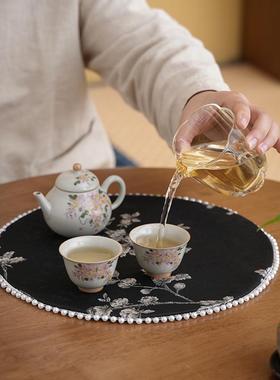 织锦白梅布艺茶席奢茶杯39102垫双面珍珠轻茶垫桌布茶台垫带子干