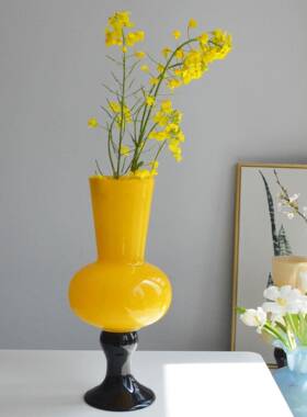 法式中古脚拼色花瓶手工玻高璃家居摆件水养WWA青发百合财树鲜花