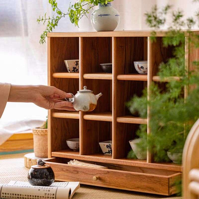 茶具实木杯架日式茶架格子多宝格展示柜桌面收纳置物架带抽屉一体