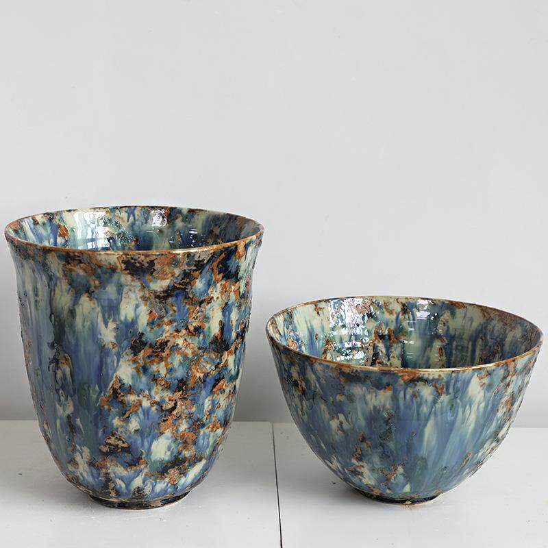 中古芬顿油画风陶瓷花瓶复古斗笠碗大口花盆花器绿植客厅玄关装饰