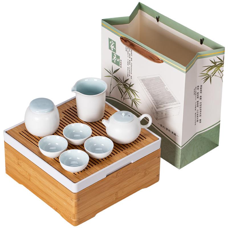 功夫亚光白茶具套装收纳箱陶瓷整套茶盘logo印字