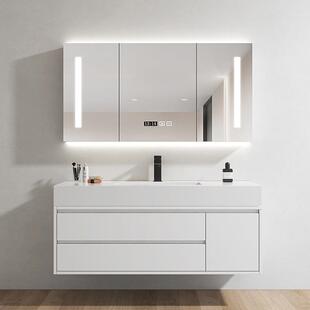 现代简约白色岩板一体盆浴室柜组合智能镜柜卫生间洗漱台橡木