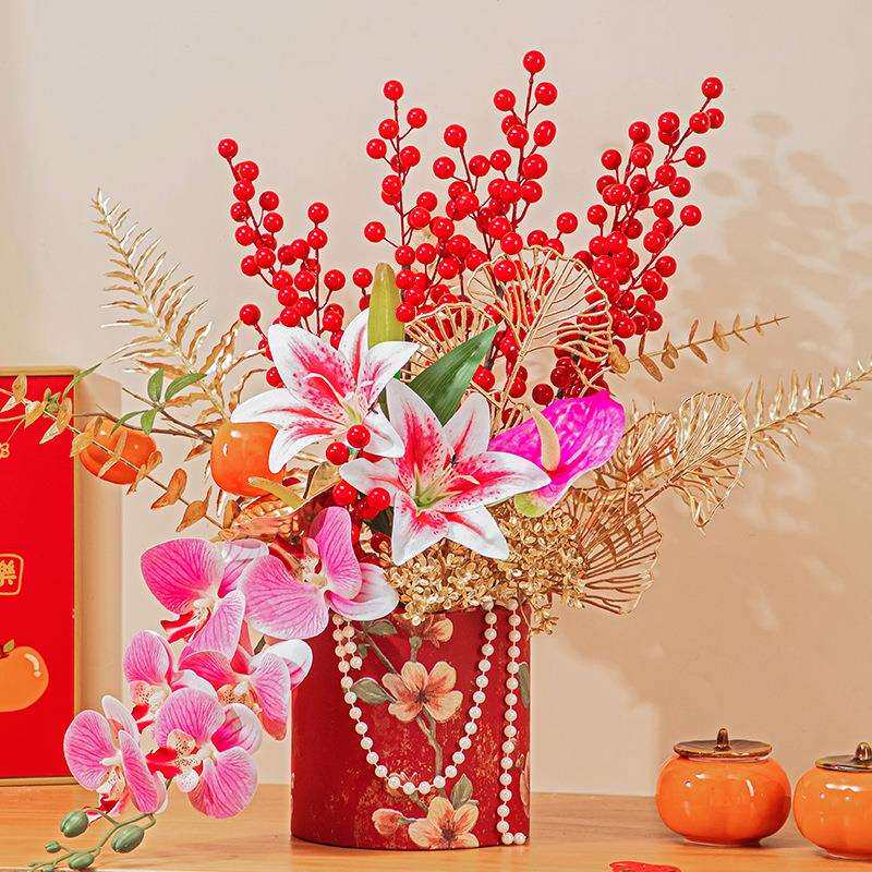 2026新年装饰仿真插花摆设客厅高端摆花抱抱桶花筒福桶发财果银柳