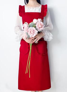 A6L围裙可爱日系韩版公主风红色工作服女士漂亮时尚美甲印字