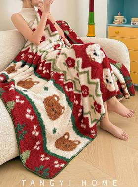 ins圣诞毛毯A公类边绒节日红色装饰加沙半发盖毯办室午睡厚小MBA