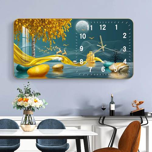 表网红钟挂画横版轻奢装饰晶瓷画HM-092钟客厅现代时用挂家钟装饰