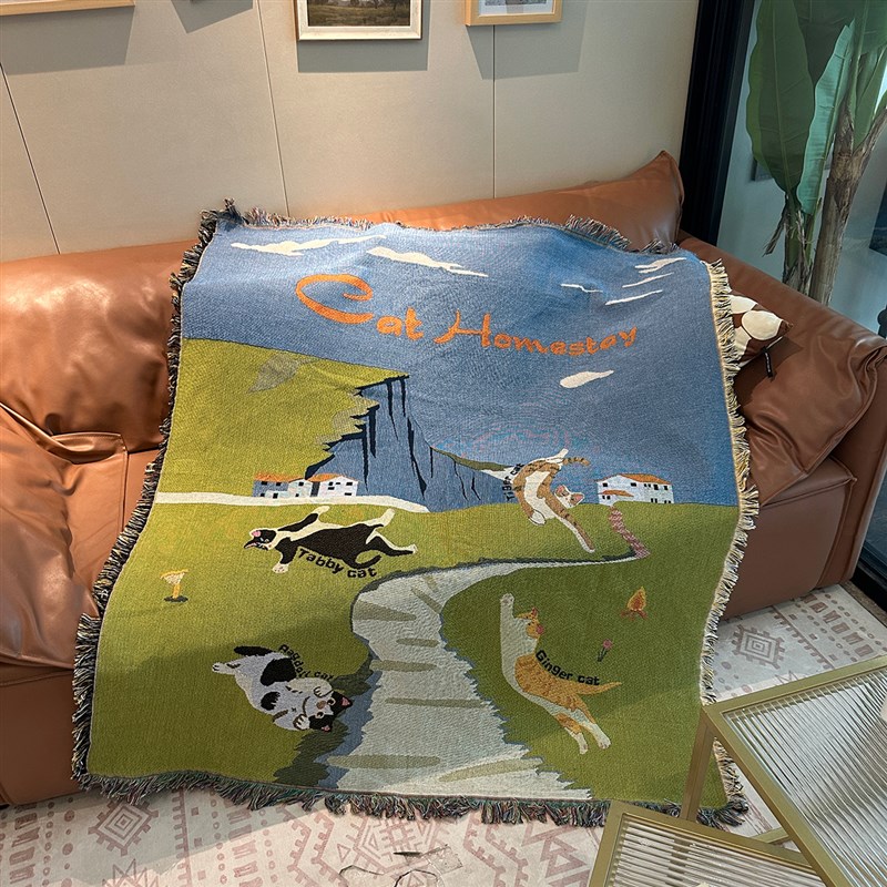 小猫公社a装饰挂毯毯猫咪插画休闲纯棉编织沙发毯中古风壁毯