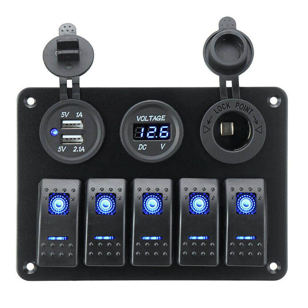 汽车热销5位车开关点烟器组合双USB充电器电压表车载12-24V