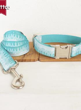 工厂现货绿色花纹狗项圈彩色织带牵引套装金属扣狗圈外贸新款