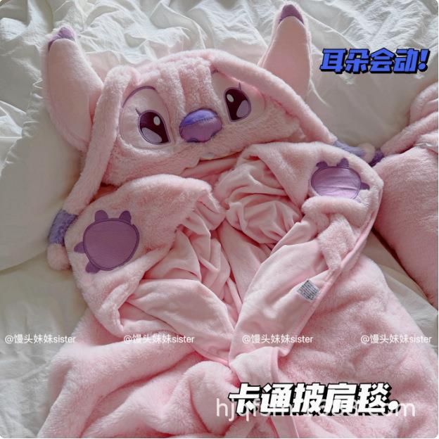 少女心可爱卡通史迪仔保暖毛绒连帽披风懒人披肩斗篷宿舍披肩毯