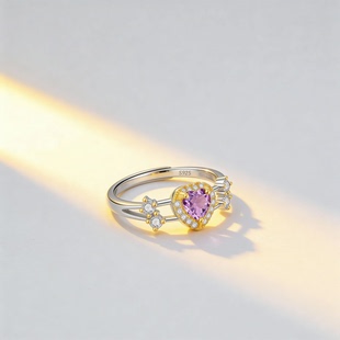 S925纯银紫水晶心形戒指女轻奢满钻围镶高级感开口戒