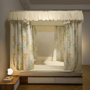 加厚遮光蚊帐加密回底坐床三开门家用拉链方帐防偷窥床帘烤漆支架