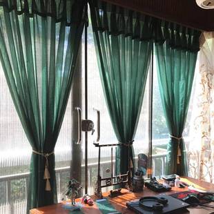 WBZ8927帘复古墨绿色轻柔纱室美式窗中窗式客餐厅卧艺术压皱纱帘