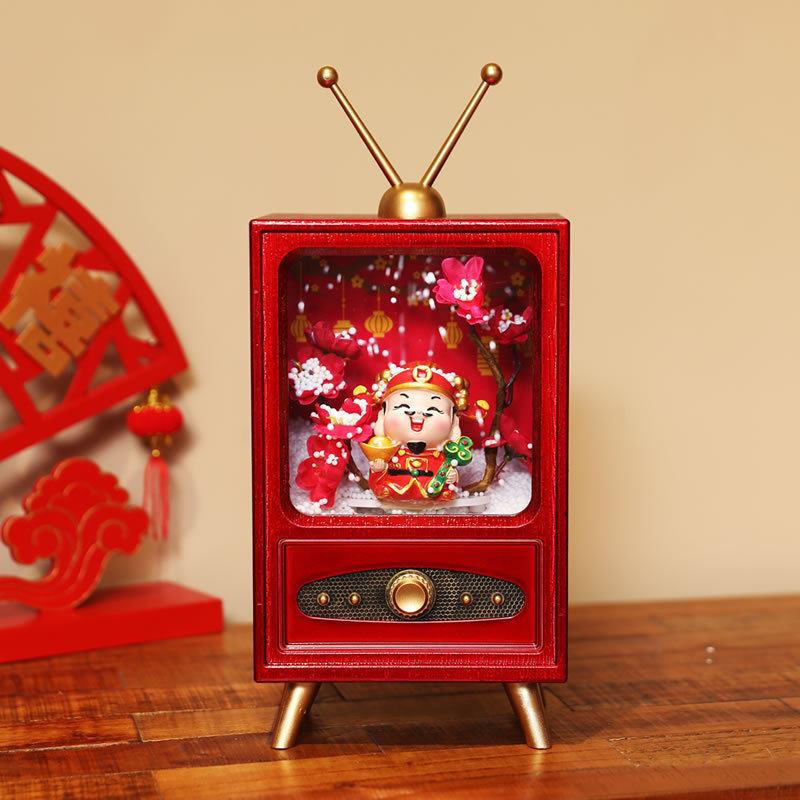 新款贺年装饰品迷你复古电视机飘雪音乐灯光新年春节场地布景道具